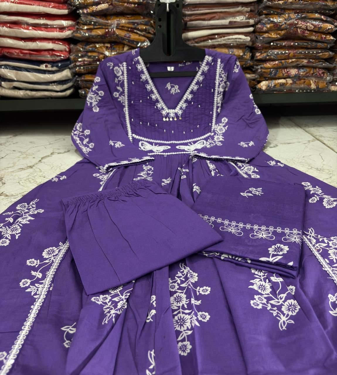 Purple Cotton Discharge Printed Suit Set with Embroidery